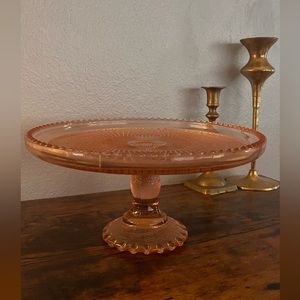 Rare Vintage Pink Jeannette glass HARP cake stand